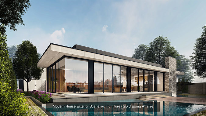 Mordern House Exterior Scene with Furniture and 2D Drawing 3D Model Pack 4