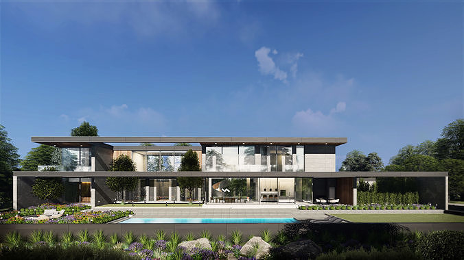 Mordern House Exterior Scene with Furniture and 2D Drawing 3D Model Pack 2
