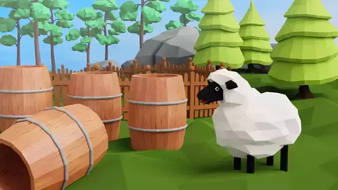 Props for Unity Trees sheep barrel fence rocks Low-poly 3D model