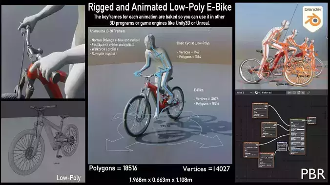 Rigged low-poly e-bike red version with basic cyclist  Low-poly 3D model