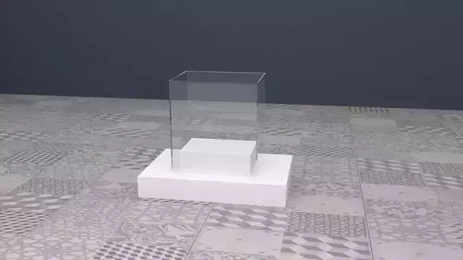 Product stand in a box shape cube inside a transparent glass