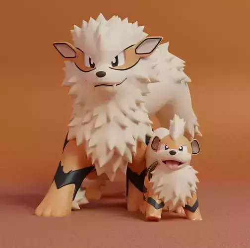 Pokemon - Growlithe and Arcanine with 2 poses 3D print model