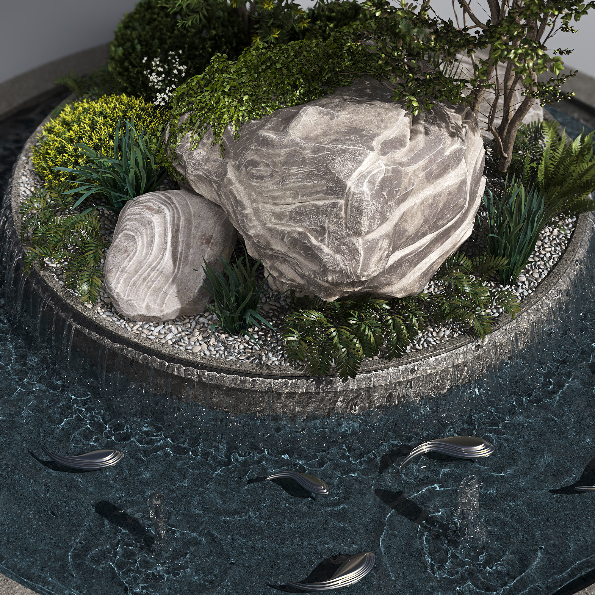 Pond with Plants Big rock 3D model_2