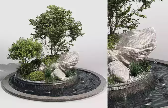 Pond with Plants Big rock 3D model