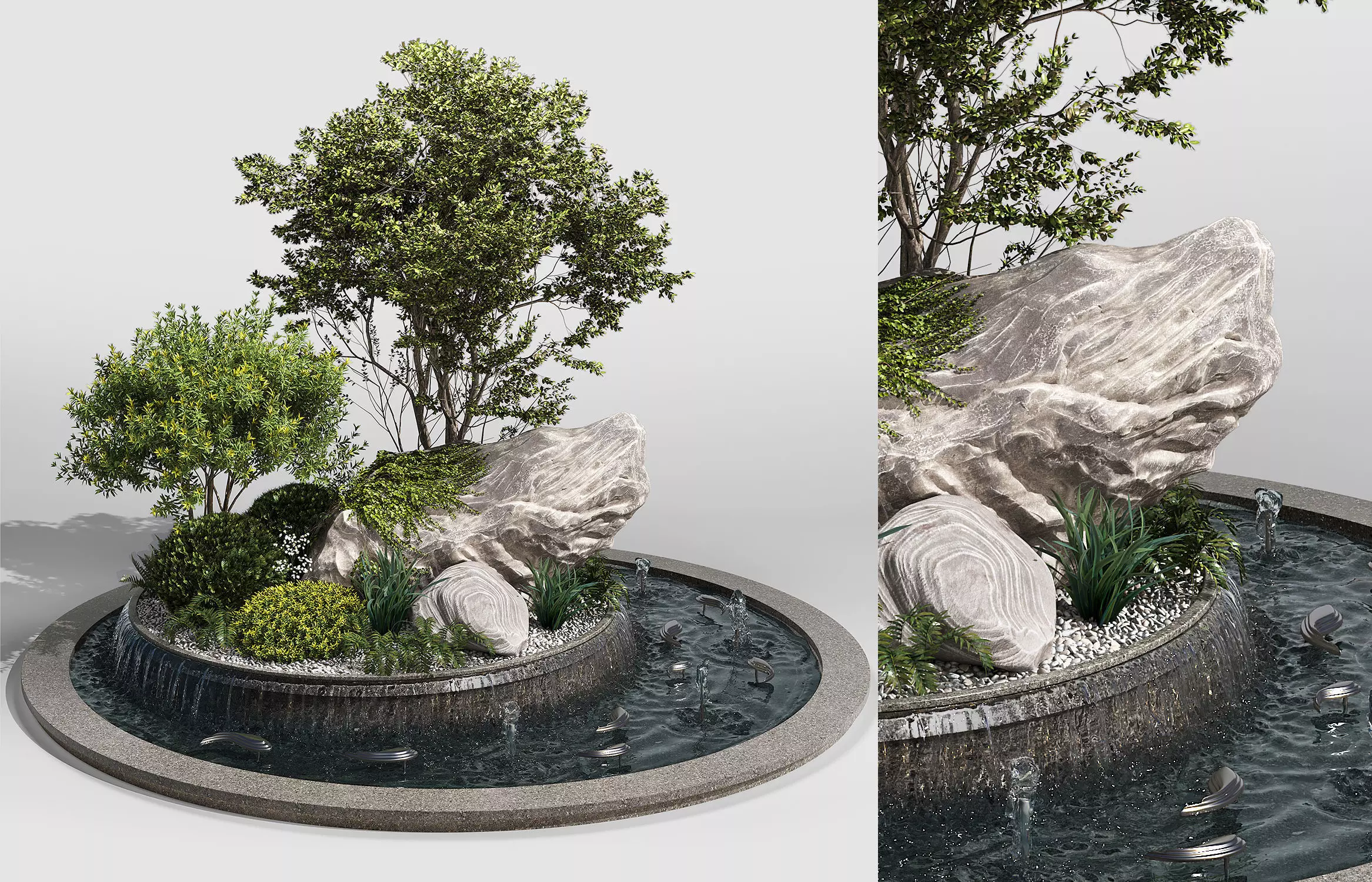 Pond with Plants Big rock 3D model_0