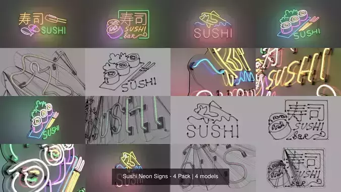 Sushi Neon Signs - 4 Pack 3D Model Collection