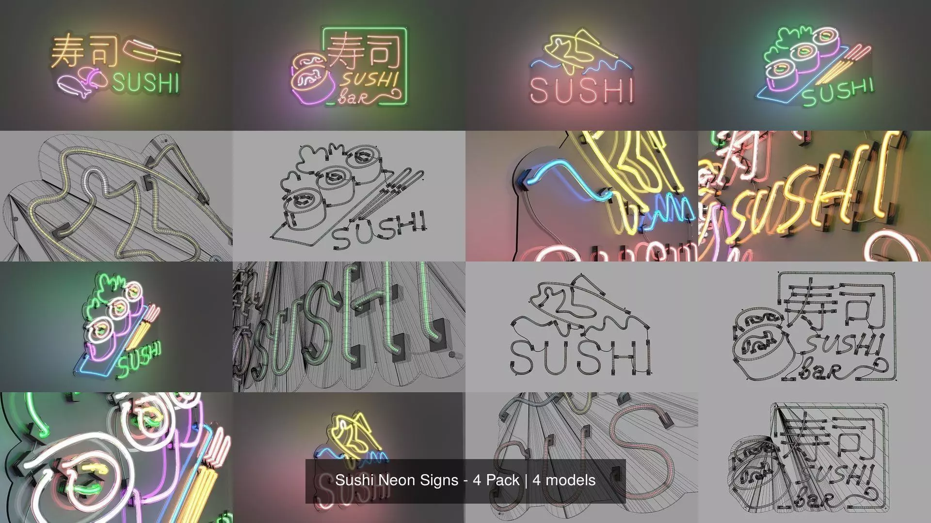 Sushi Neon Signs - 4 Pack 3D Model Collection_0