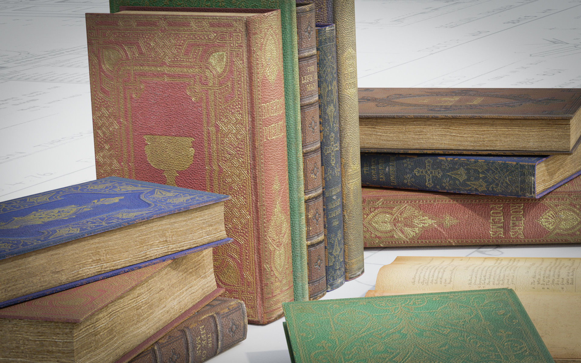 6 Old Books Medieval Low-poly 3D model_3