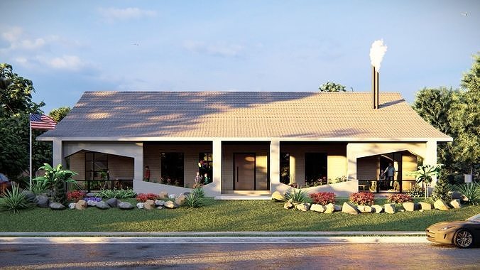 Residential villa house with facade Low-poly 3D model
