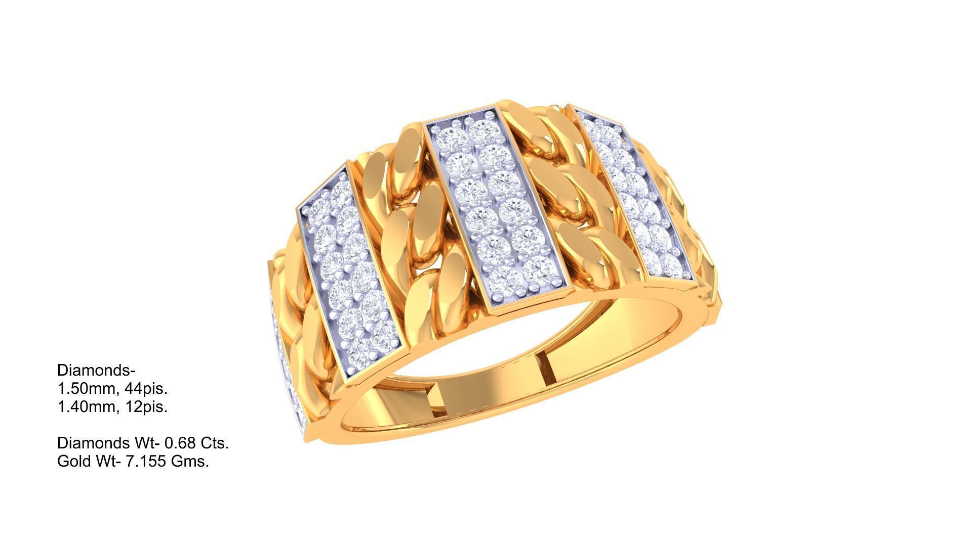 Cuban Chain Link Men Groom Gents Diamond Ring 3dm stl obj mtl 3D print model_4