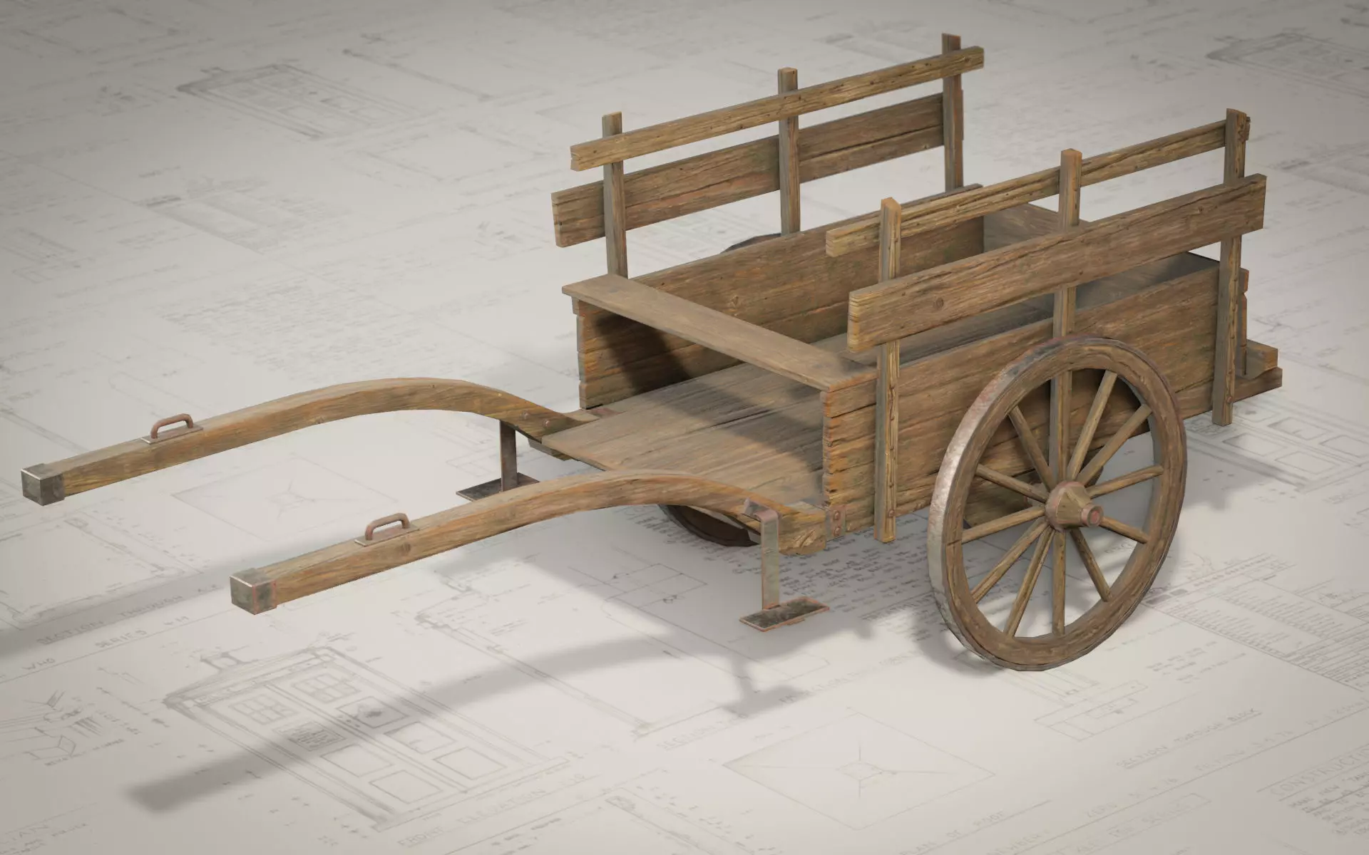 Medieval Wooden Cart Low-poly 3D model_0