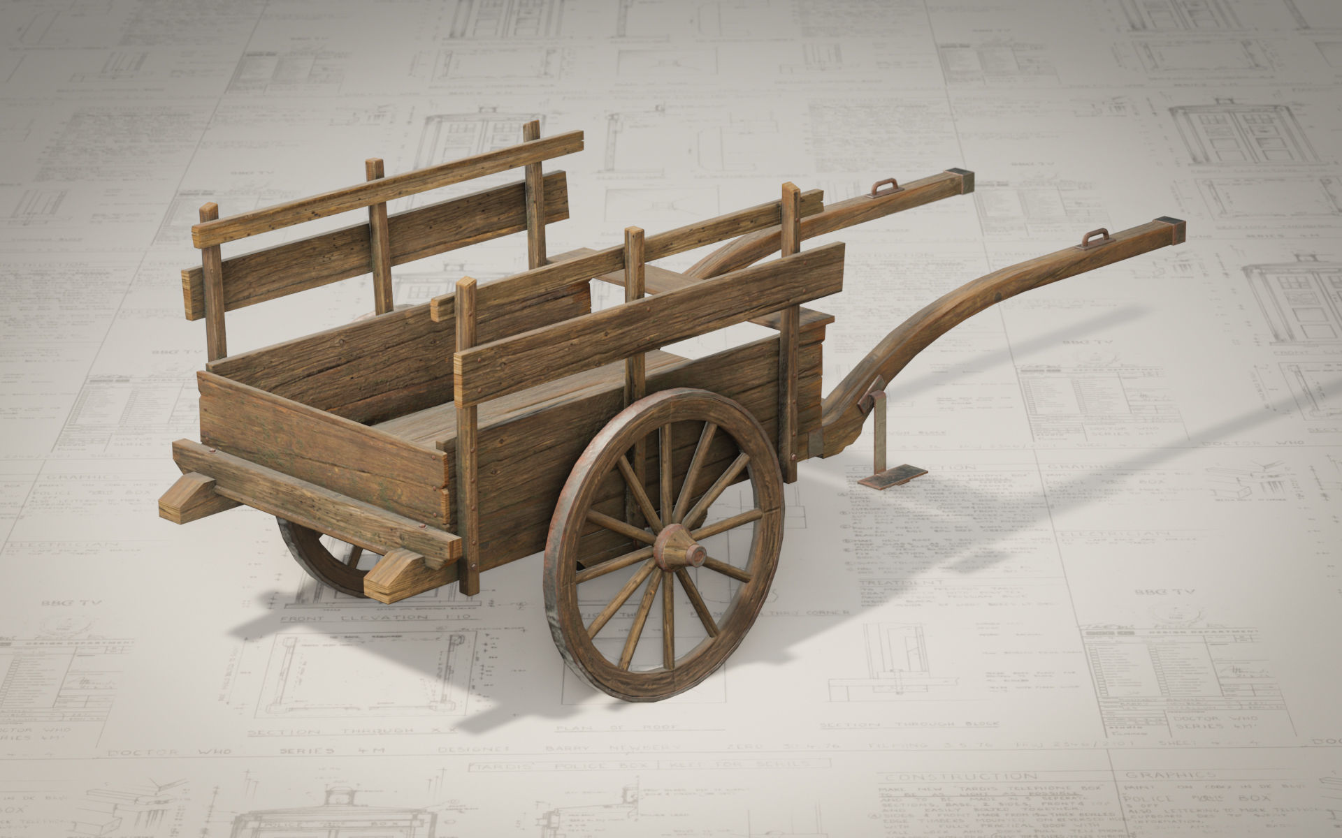 Medieval Wooden Cart Low-poly 3D model_7