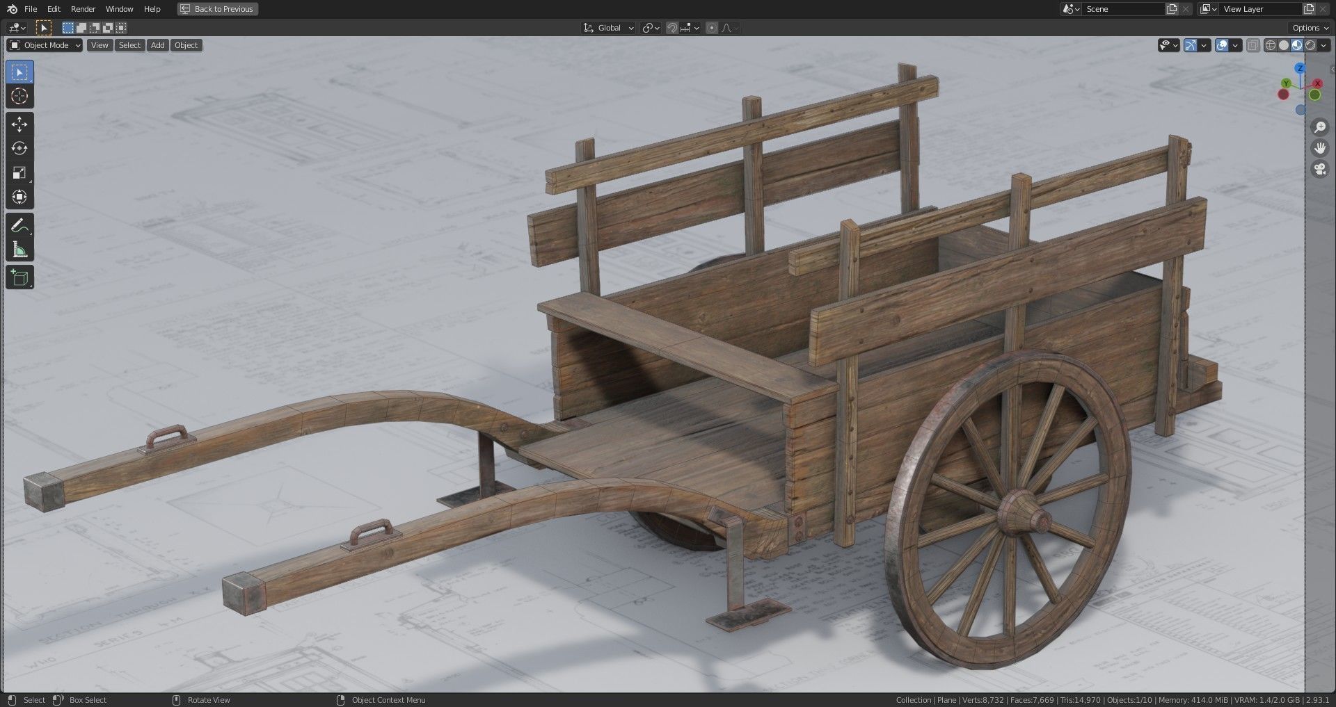 Medieval Wooden Cart Low-poly 3D model_10