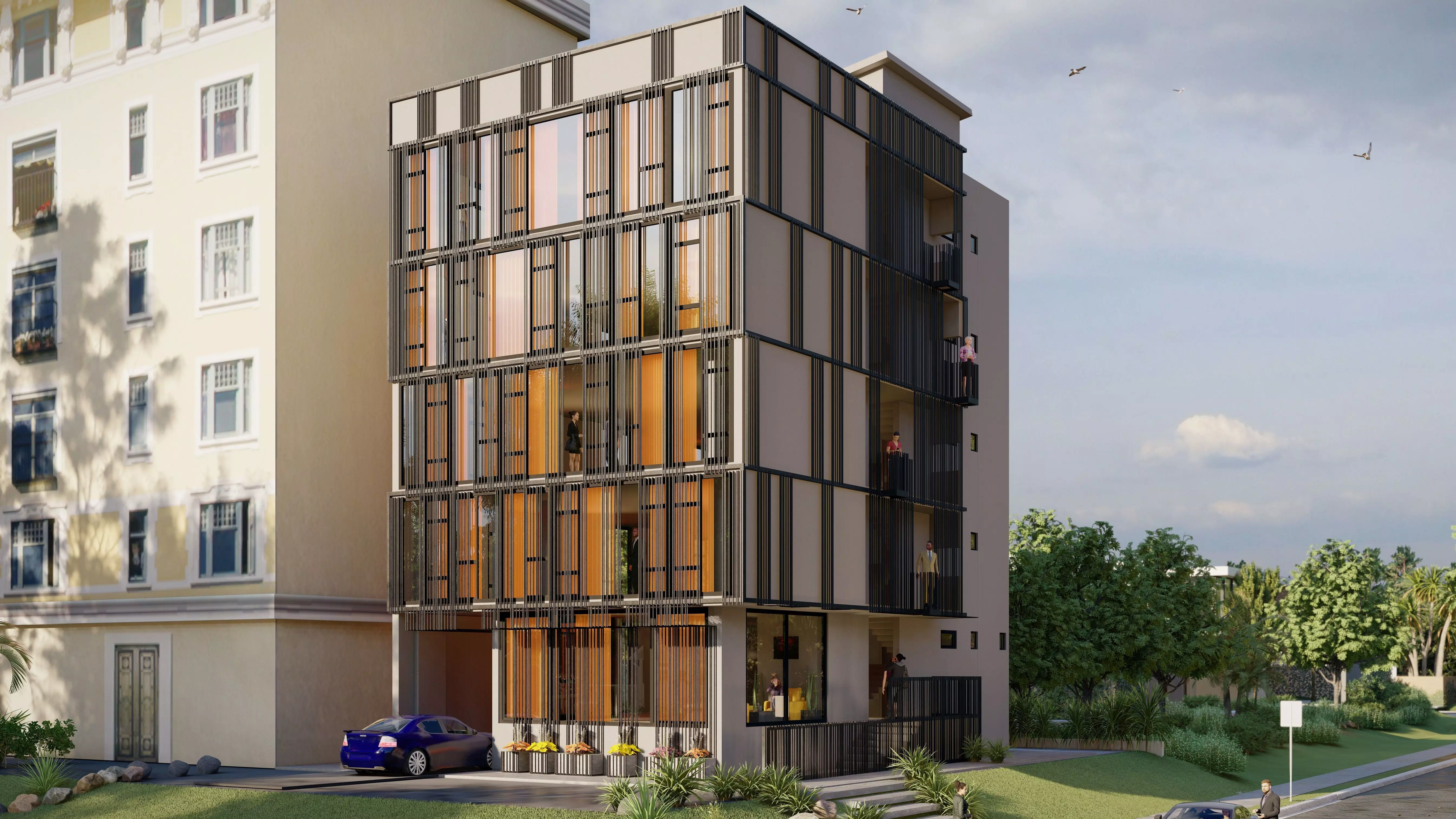 Apartment Facade Design w glass metal wood 2 alternatives 3D model_0