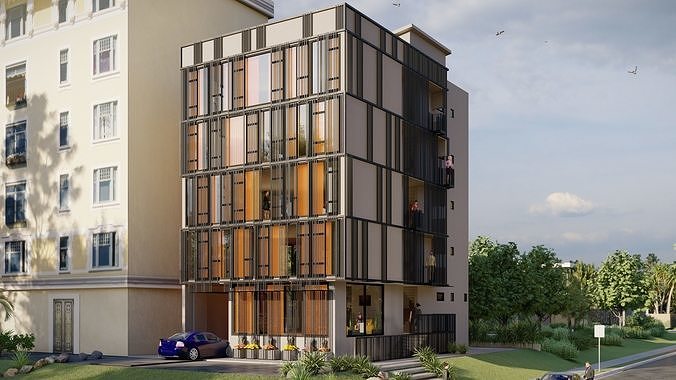 Apartment Facade Design w glass metal wood 2 alternatives 3D model