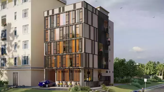 Apartment Facade Design w glass metal wood 2 alternatives