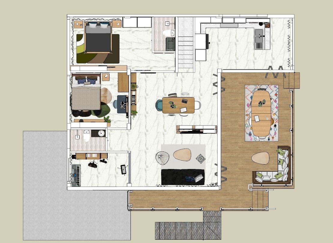 ONE STOREY RESIDENTIAL TWO BEDROOM VIEW DECK - INTERIOR LAYOUT 3D model_9