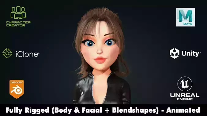 Cartoony Girl Rigged Animated 2500 Free Animation Tutorial Low-poly 3D model