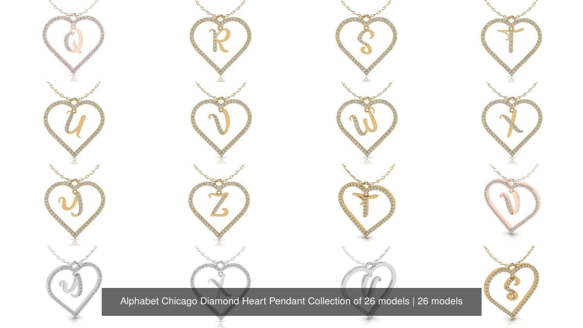 Alphabet Chicago Diamond Heart Pendant Collection of 26 models _3