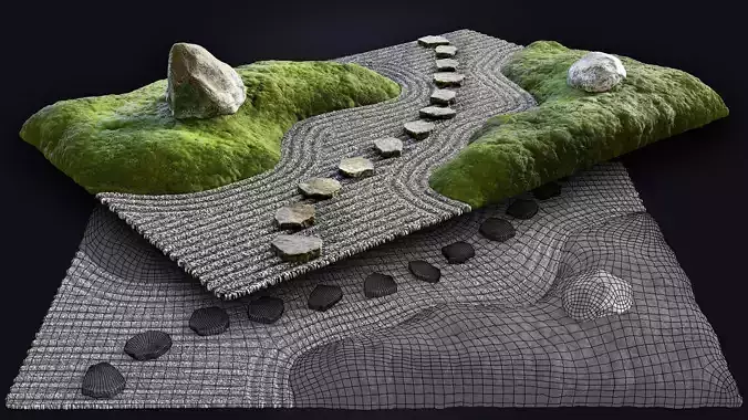 Lowpoly Japanese Rock - Zen - Garden 02 Low-poly 3D model