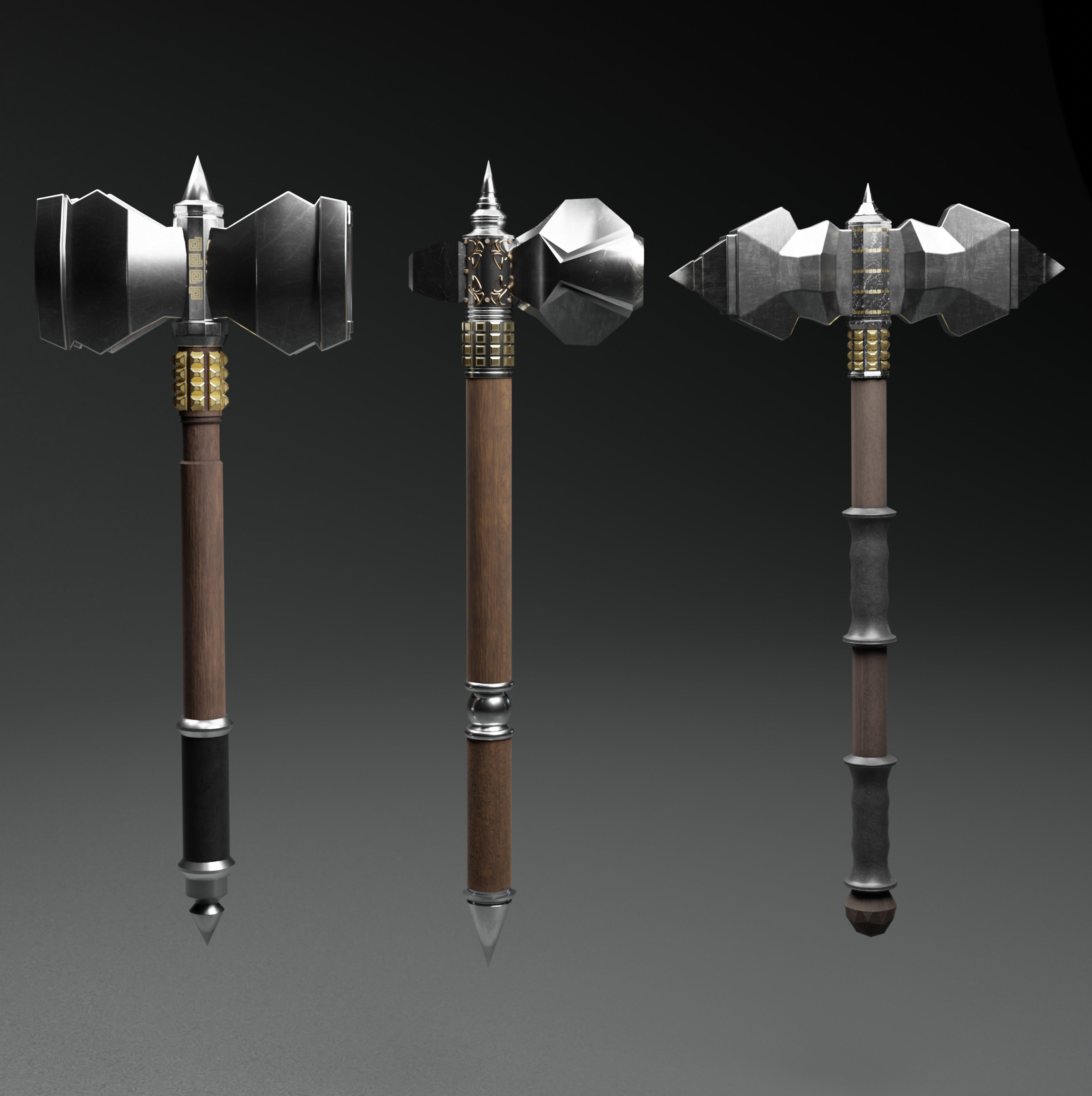 3 Beautiful Medieval War Hammers 3D Model Collection_4