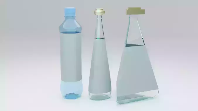 Plastic and glass bottles for water 3D model