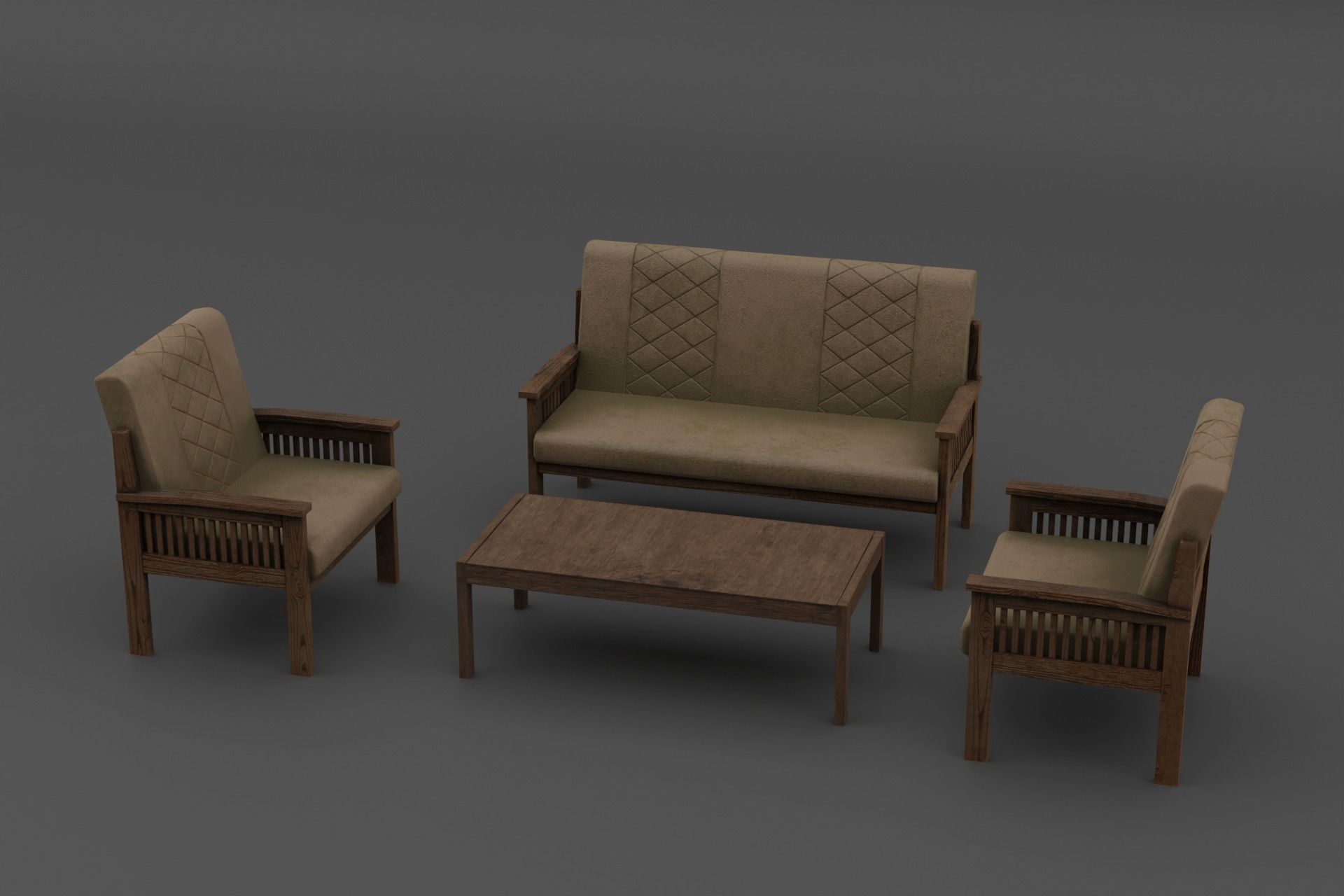 Old wooden leather chairs game asset Low-poly 3D model Low-poly 3D model_4