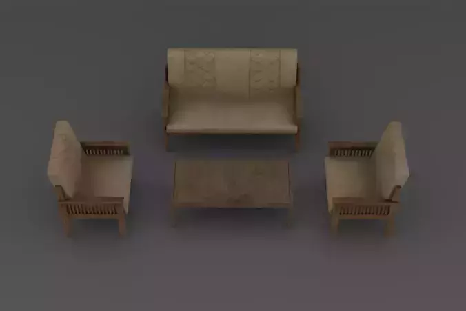 Old wooden leather chairs game asset Low-poly 3D model