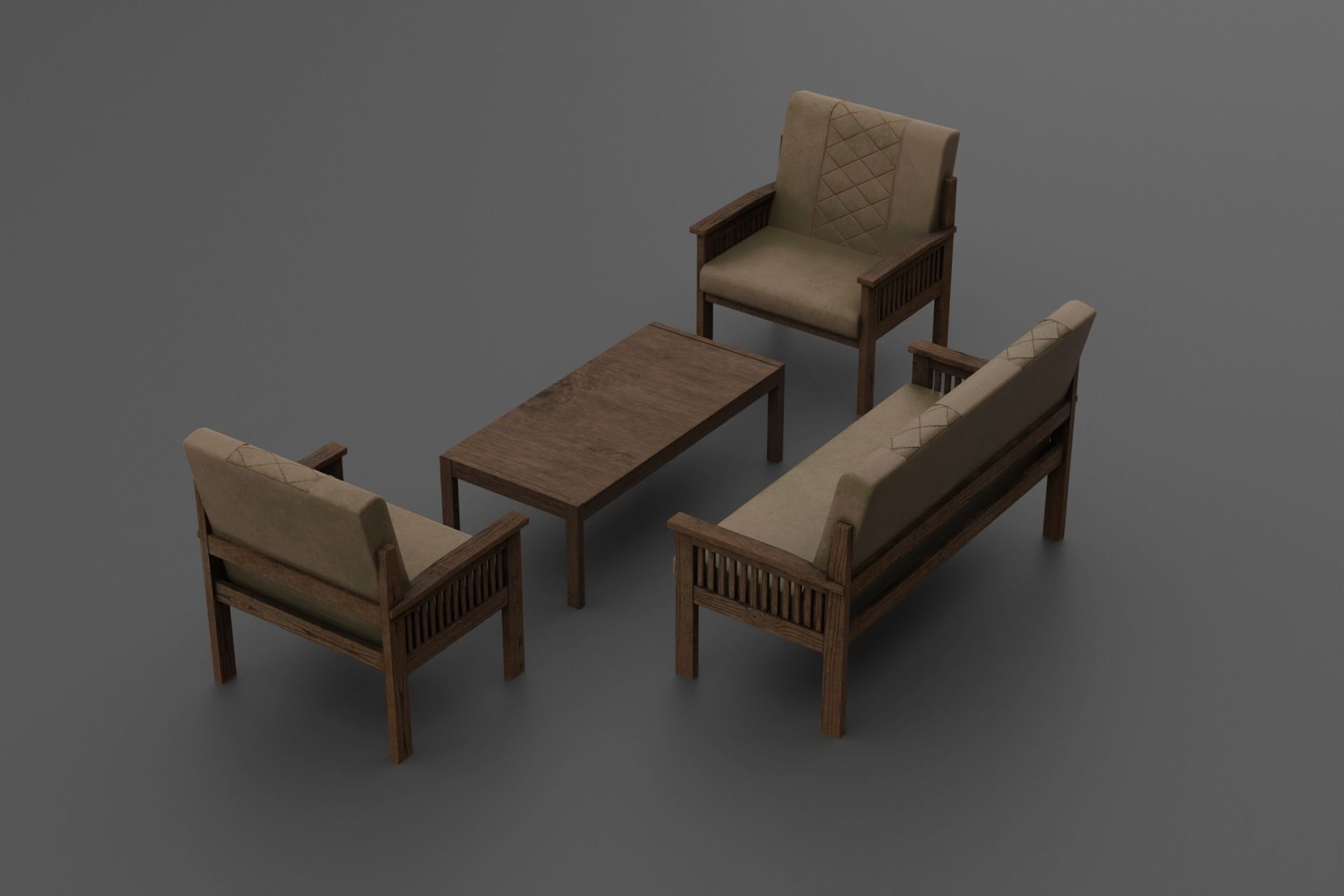 Old wooden leather chairs game asset Low-poly 3D model Low-poly 3D model_2