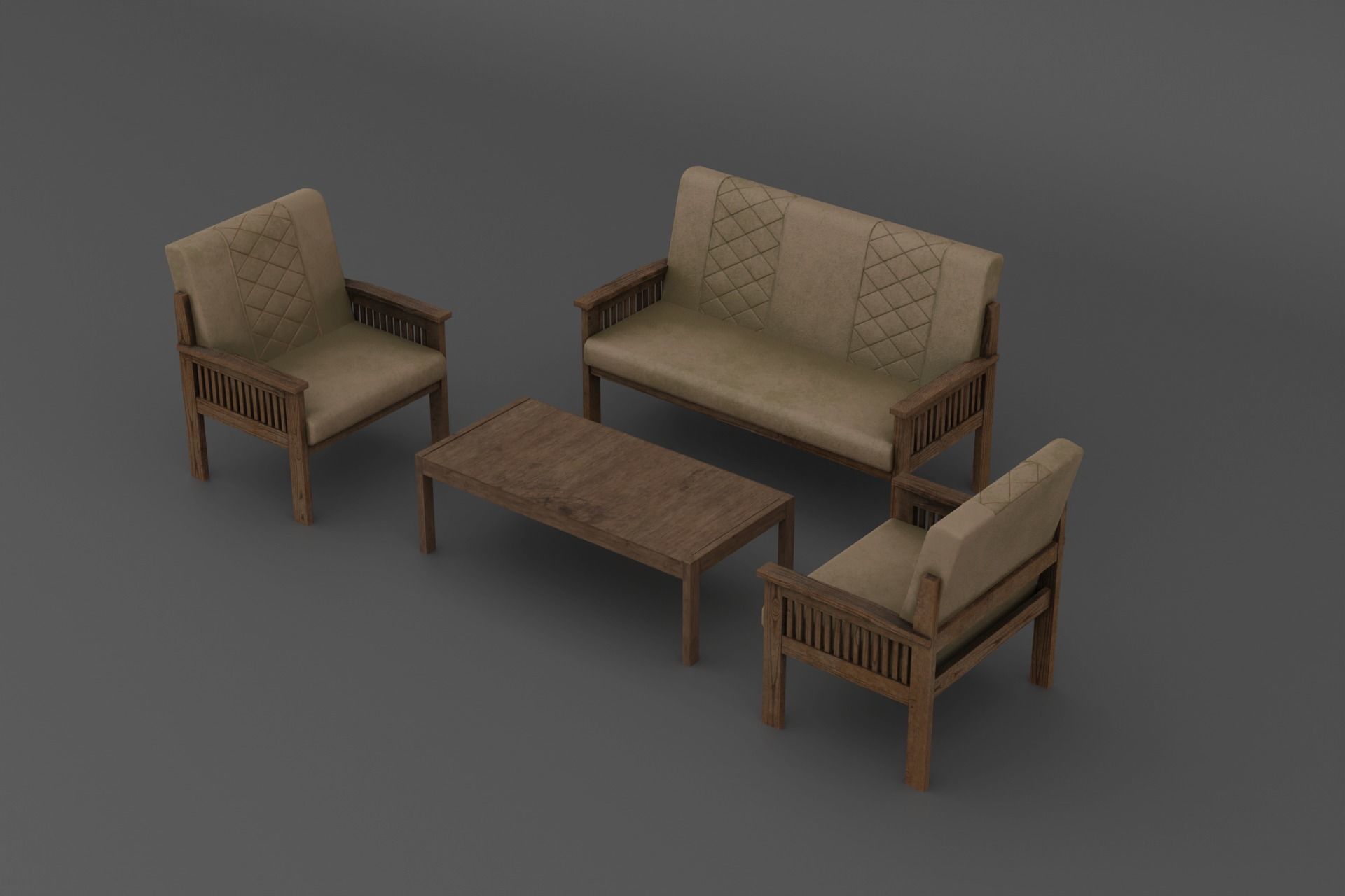 Old wooden leather chairs game asset Low-poly 3D model Low-poly 3D model_1