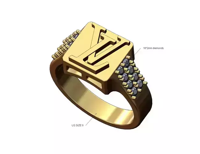 LV logo diamond sides square signet ring US size 9