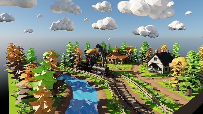 Isometric Train Scene 3D model 7