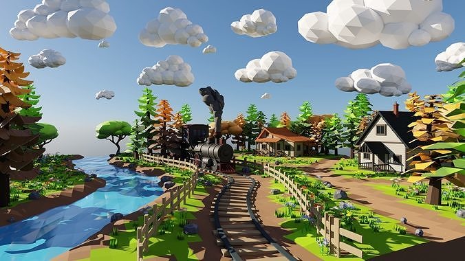 Isometric Train Scene 3D model 2