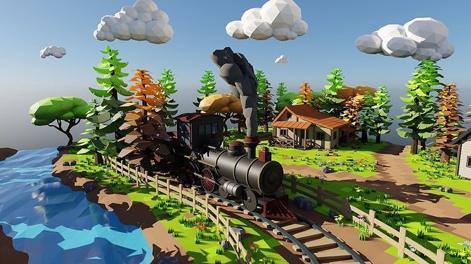 Isometric Train Scene 3D model 3