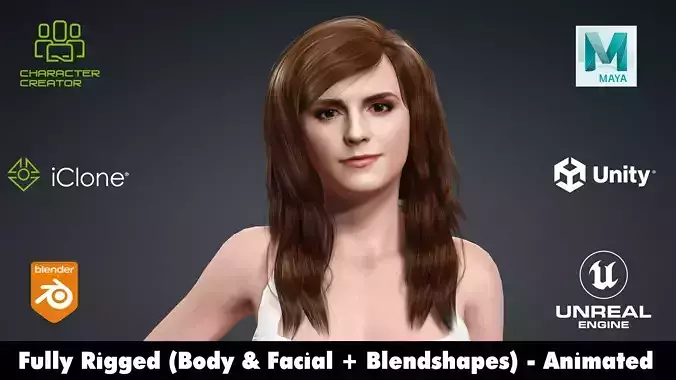 Emma Watson rigged animated  2500 free animation tutorial Low-poly 3D model