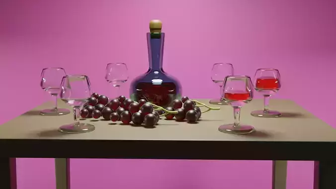Wine bottle and glass and grapes