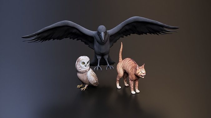 3D Animal Set Cat Crow and Owl 3D model
