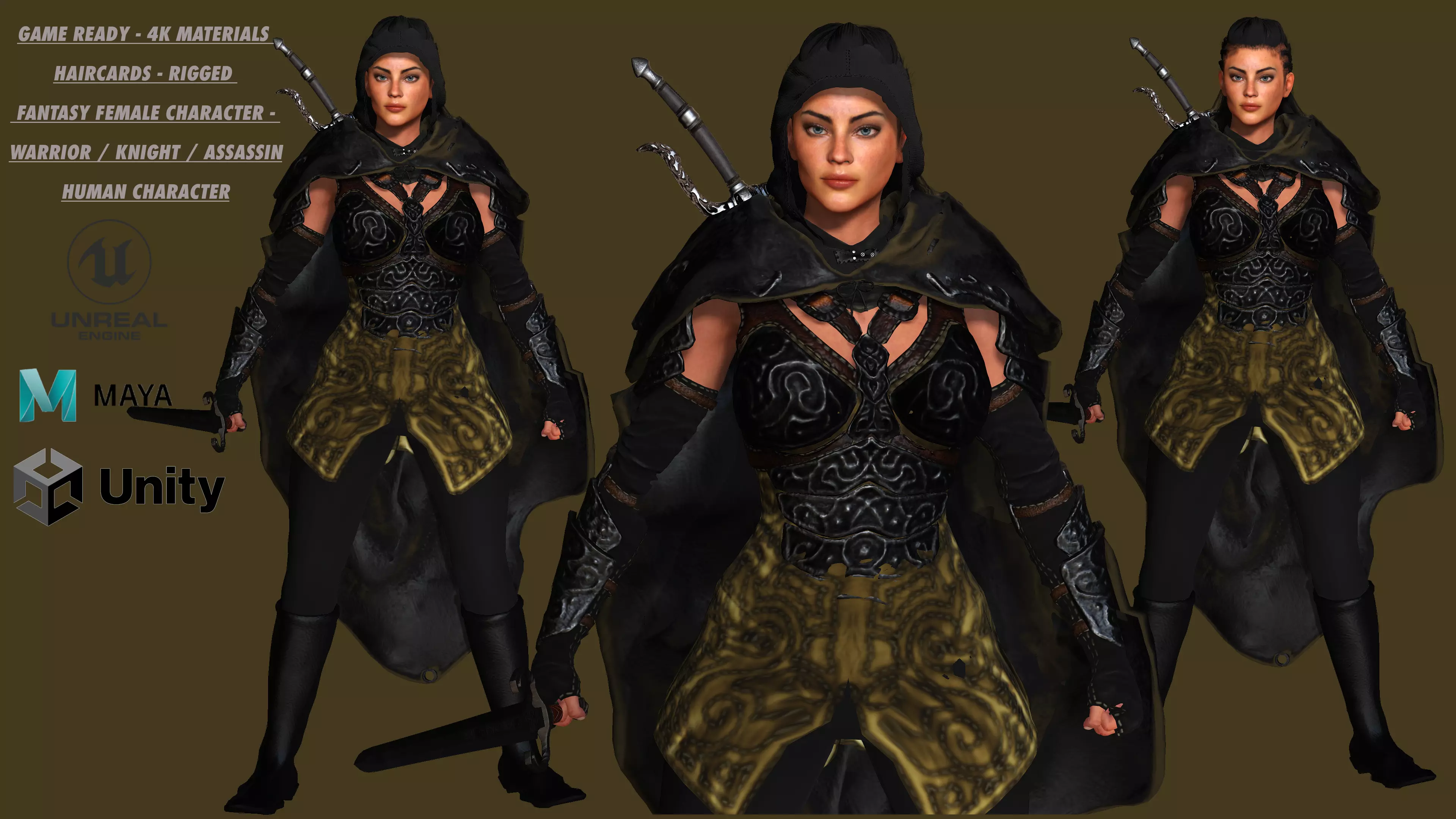 AAA 3D FANTASY FEMALE ASSASSIN  - REALISTIC RIG GAME CHARACTER Low-poly 3D model_0