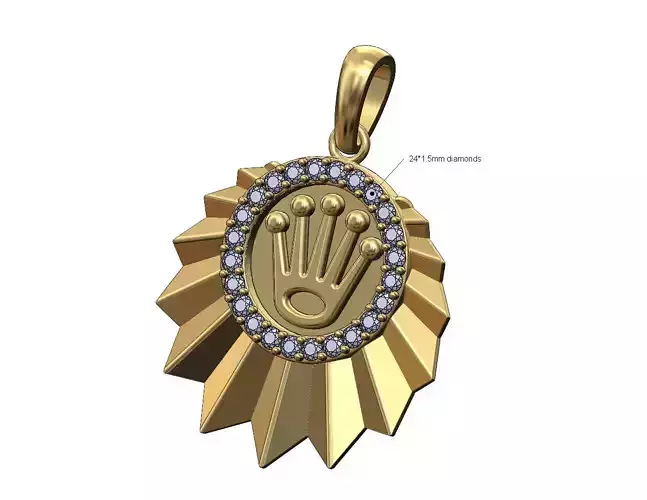 Diamond watch crown halo sunburst faceted pendant with bail