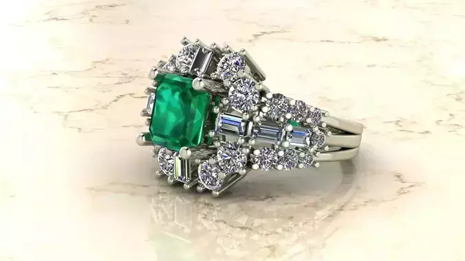 Emerald RIng with Baguettes And Round DIamonds