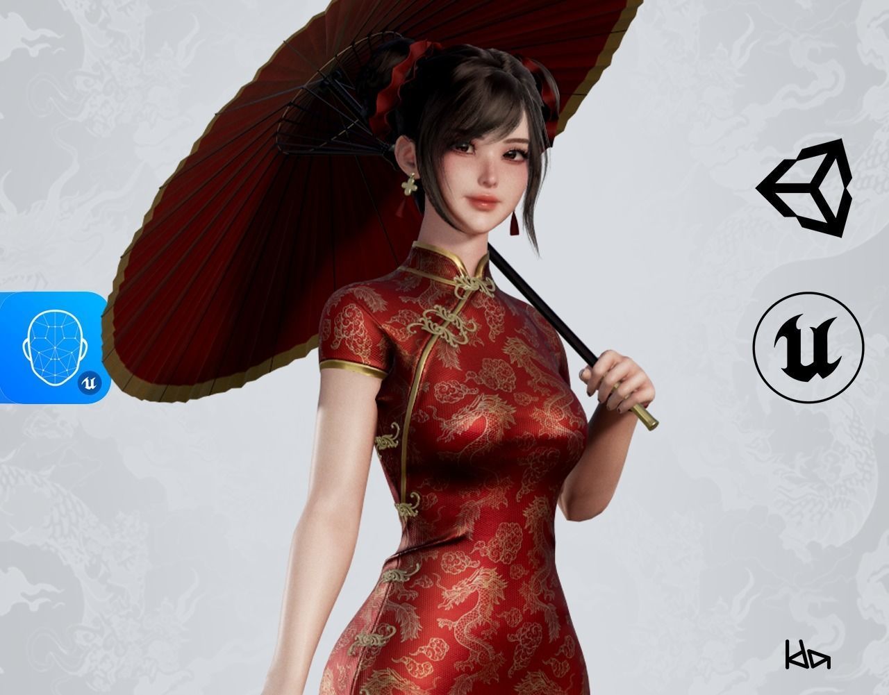 Jua Lee - Girl in Cheongsam Qipao Dress - Game Ready Low-poly 3D model_0