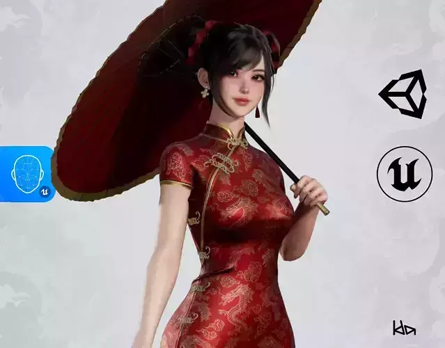Jua Lee - Girl in Cheongsam Qipao Dress - Game Ready Low-poly 3D model