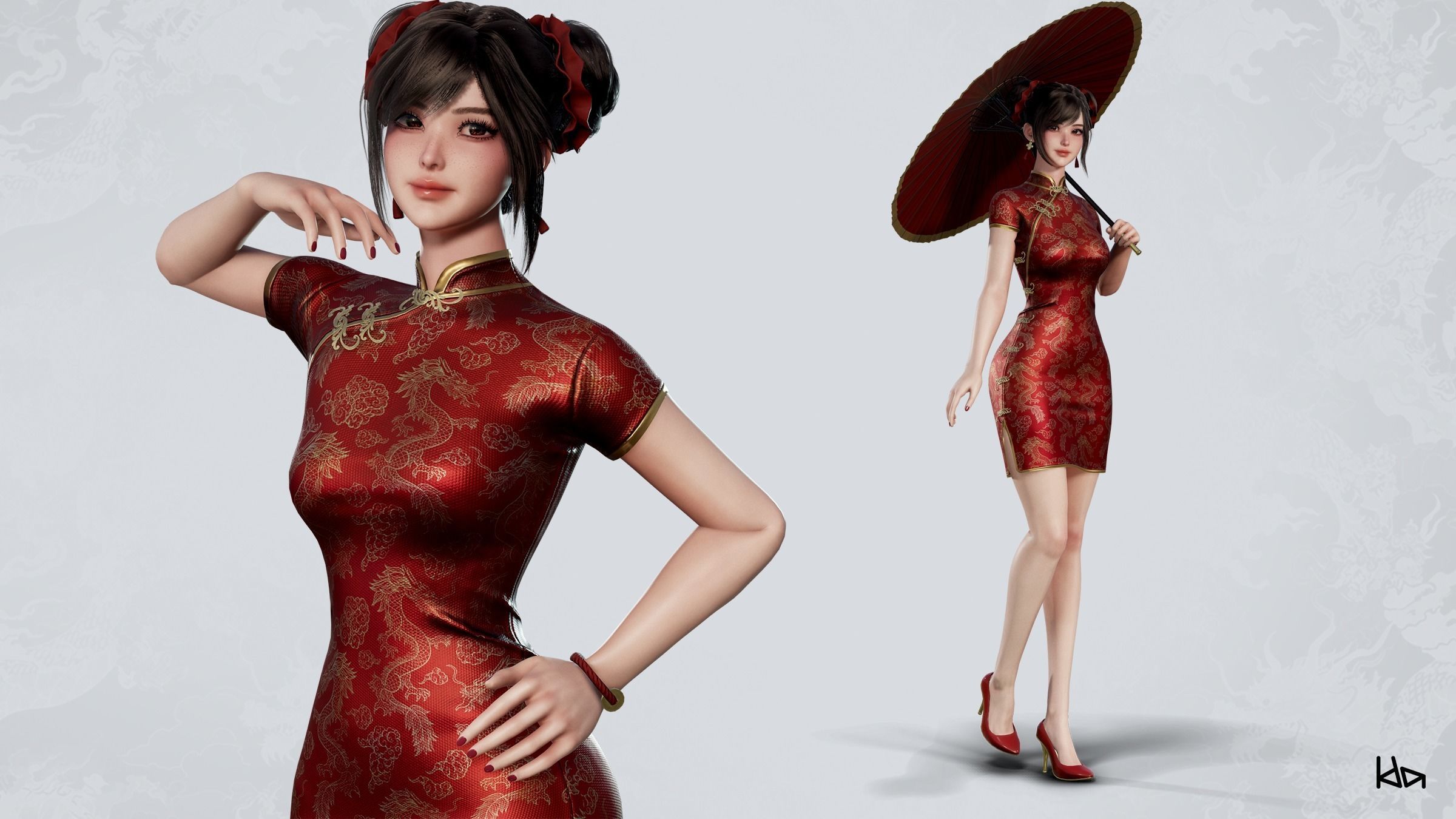 Jua Lee - Girl in Cheongsam Qipao Dress - Game Ready Low-poly 3D model_3