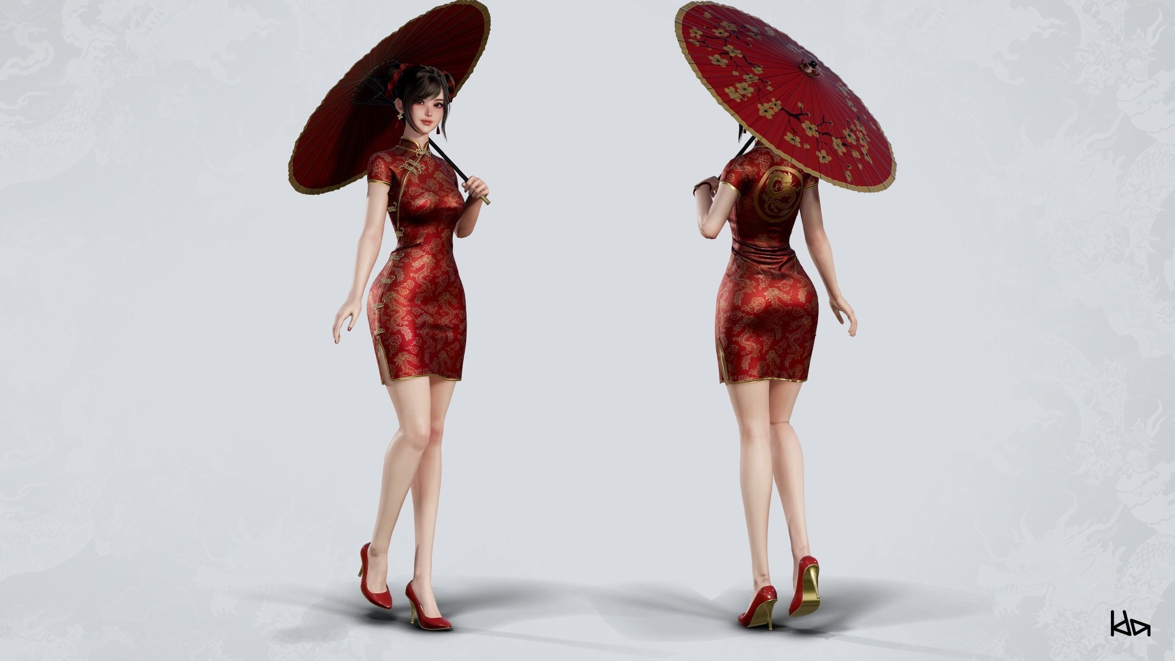 Jua Lee - Girl in Cheongsam Qipao Dress - Game Ready Low-poly 3D model_4