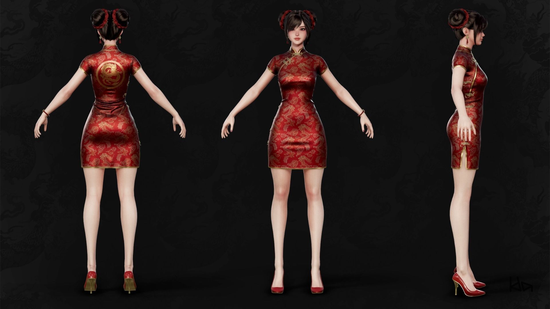 Jua Lee - Girl in Cheongsam Qipao Dress - Game Ready Low-poly 3D model_33