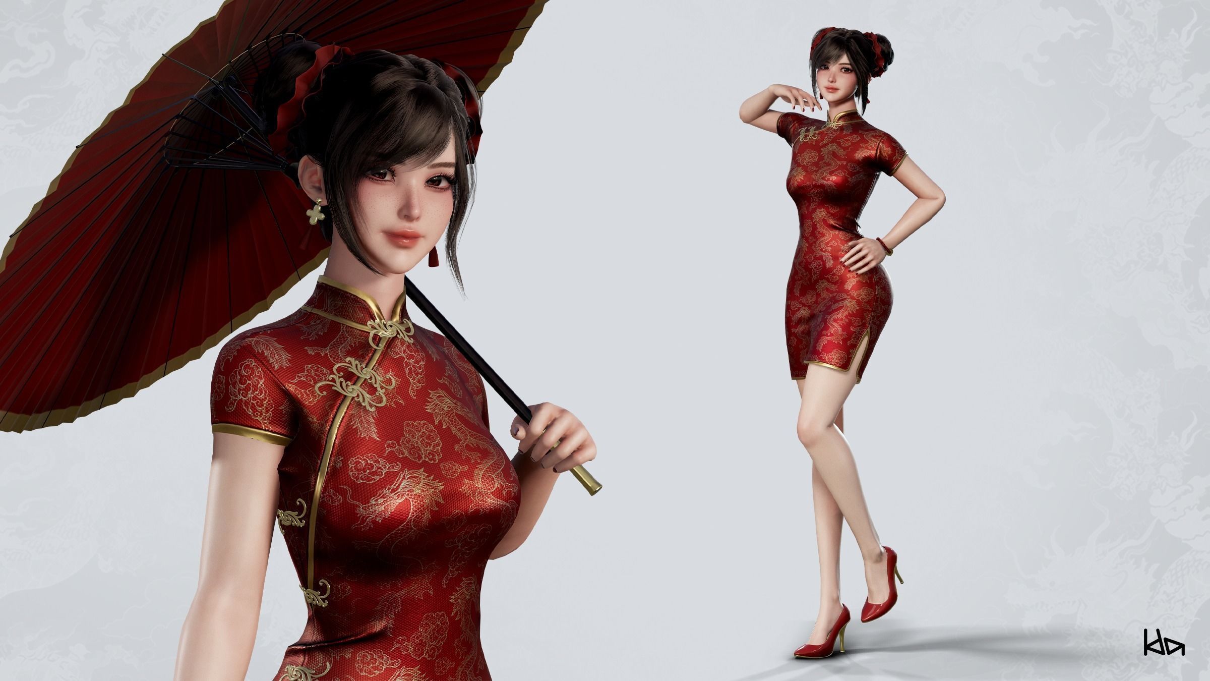 Jua Lee - Girl in Cheongsam Qipao Dress - Game Ready Low-poly 3D model_2