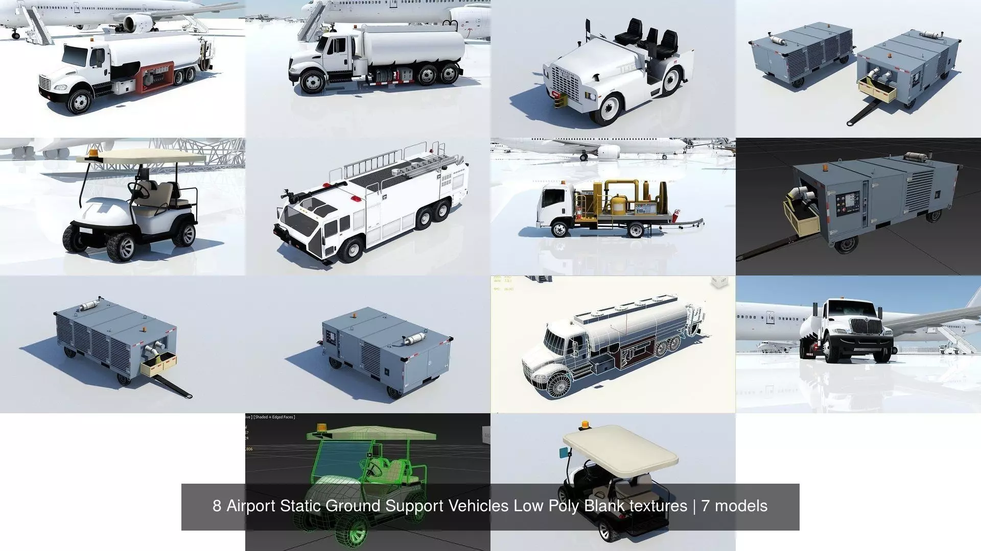 8 Airport Static Ground Support Vehicles Low Poly Blank textures 3D Model Collection_0