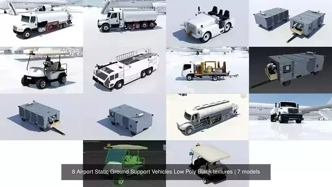 8 Airport Static Ground Support Vehicles Low Poly Blank textures 3D Model Collection