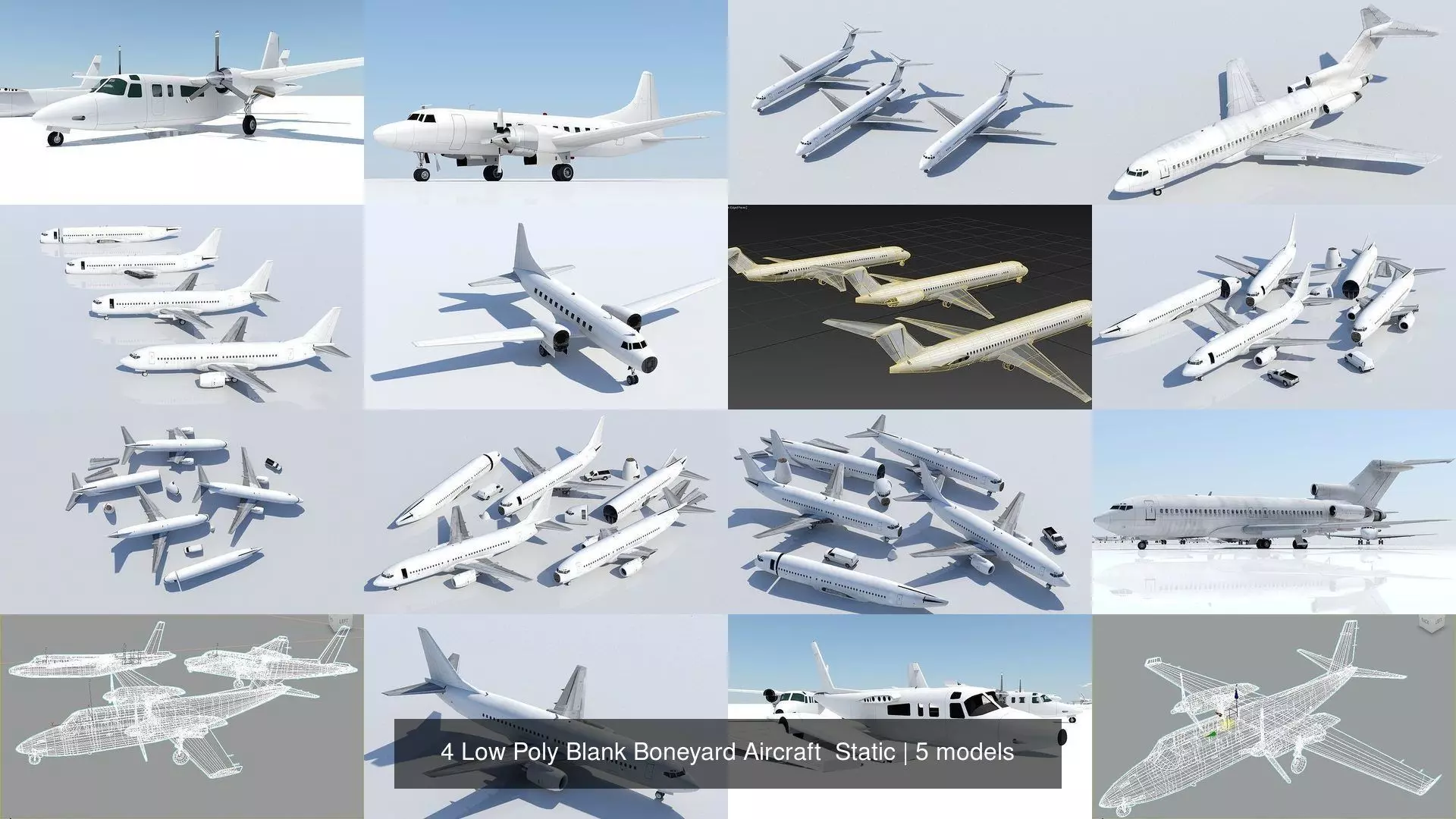 5 Low Poly Blank Boneyard Aircraft Static 3D Model Collection_0