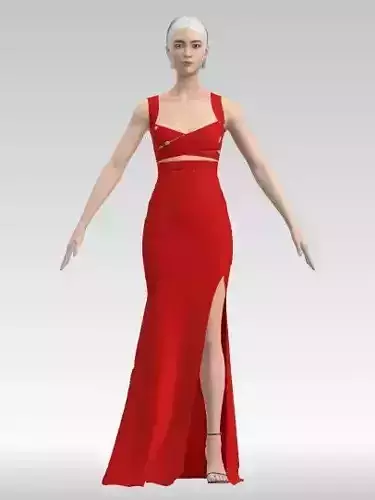 red dress slit skirt detail and cross strap heart shape